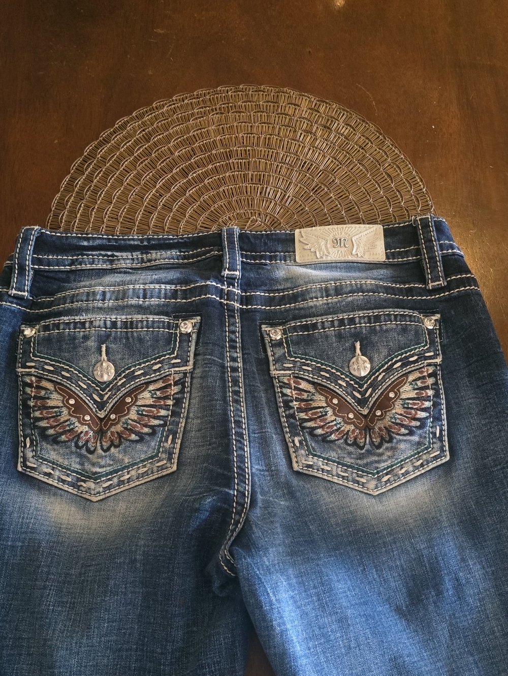 Miss Me Boot Cut Jeans with Embroidered Pocket Wings - Blue